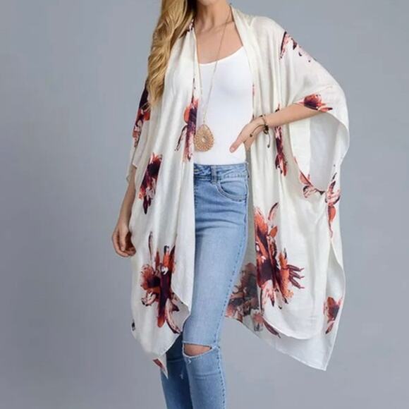 New White Ivory Floral Open Front Boho Flower Lightweight Kimono Womens One Size - Picture 11 of 11